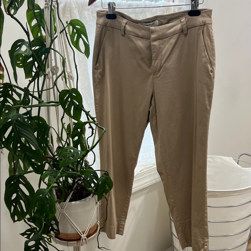 Liverpool tan trousers. Ankle length. Straight leg. Soft, stretchy, comfortable.